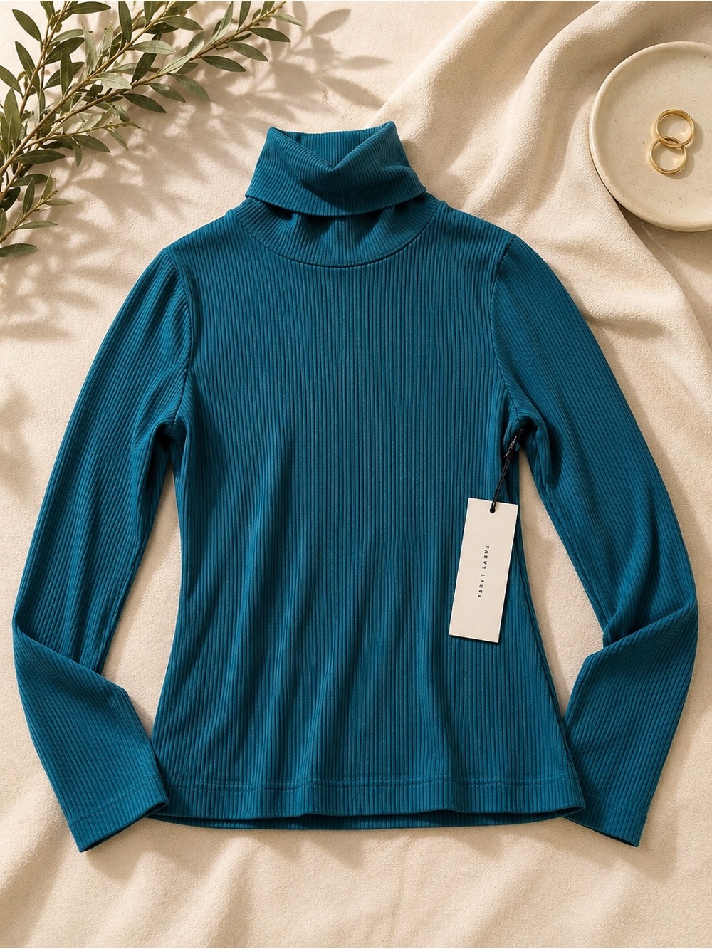 Ribbed Teal Turtleneck Long Sleeve Top - Women's